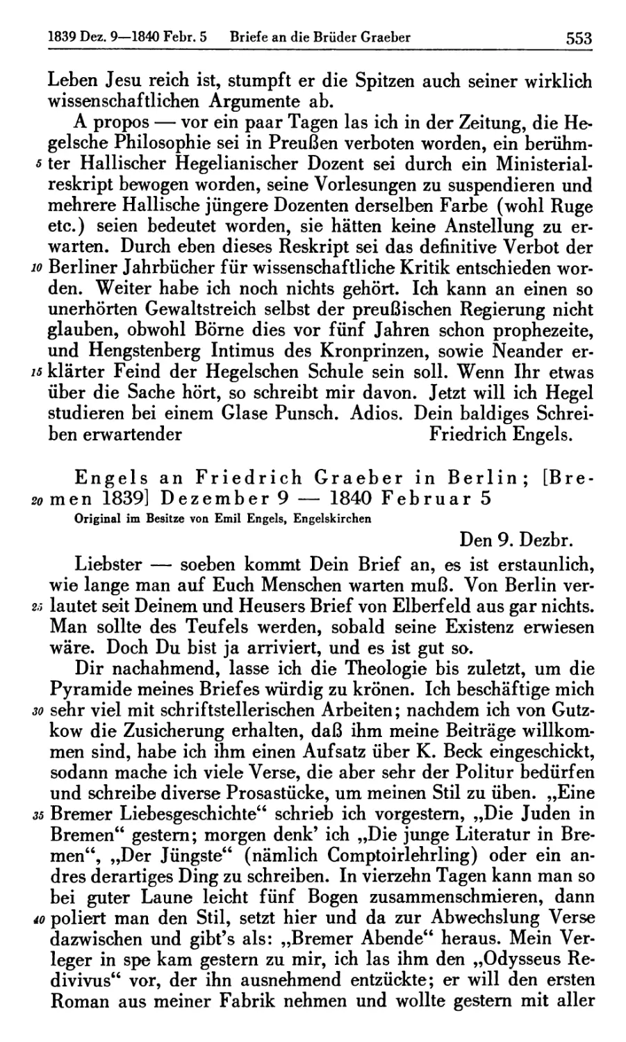 Engels an Friedrich Graeber in Berlin; [Bremen 1839] Dezember 9 — 1840 Februar 5