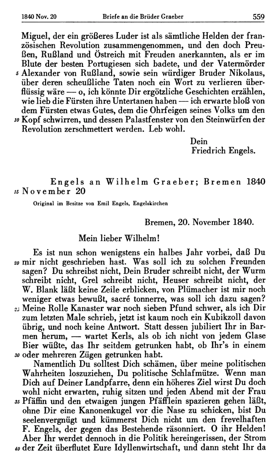 Engels an Wilhelm Graeber; Bremen 1840 November 20