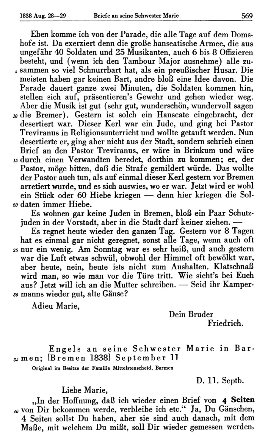 Engels an seine Schwester Marie in Barmen; [Bremen 1838] September 11