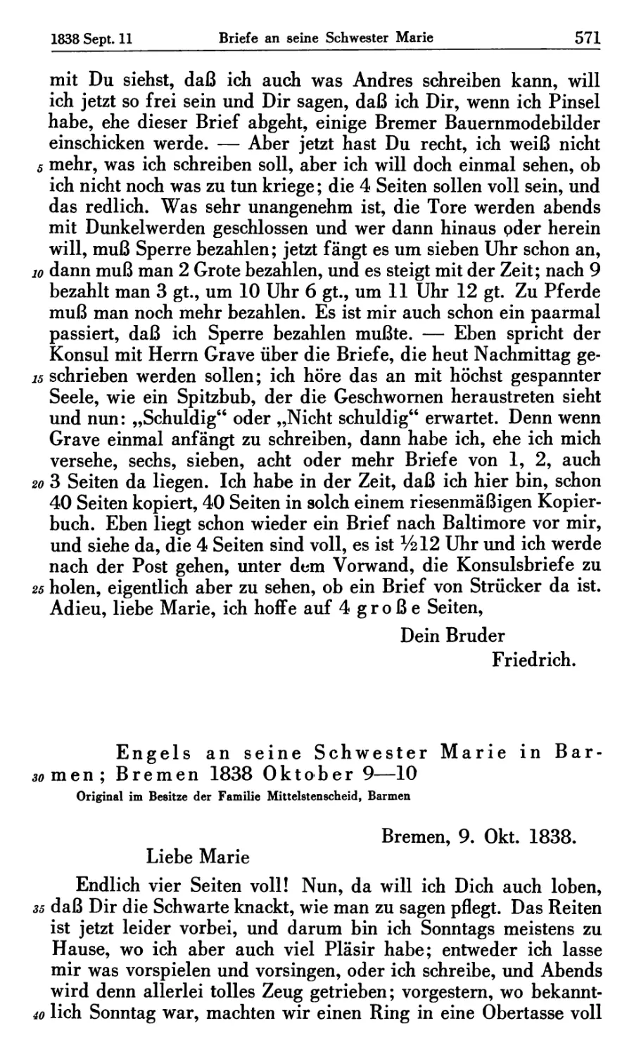 Engels an seine Schwester Marie in Barmen; Bremen 1838 Oktober 9-10