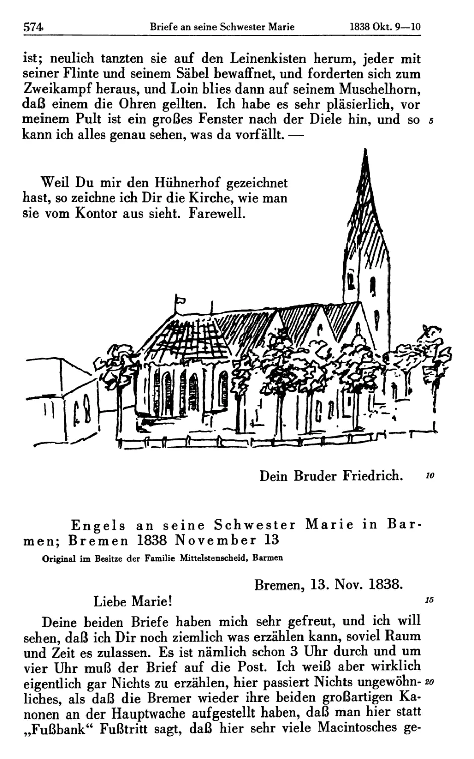Engels an seine Schwester Marie in Barmen; Bremen 1838 November 13