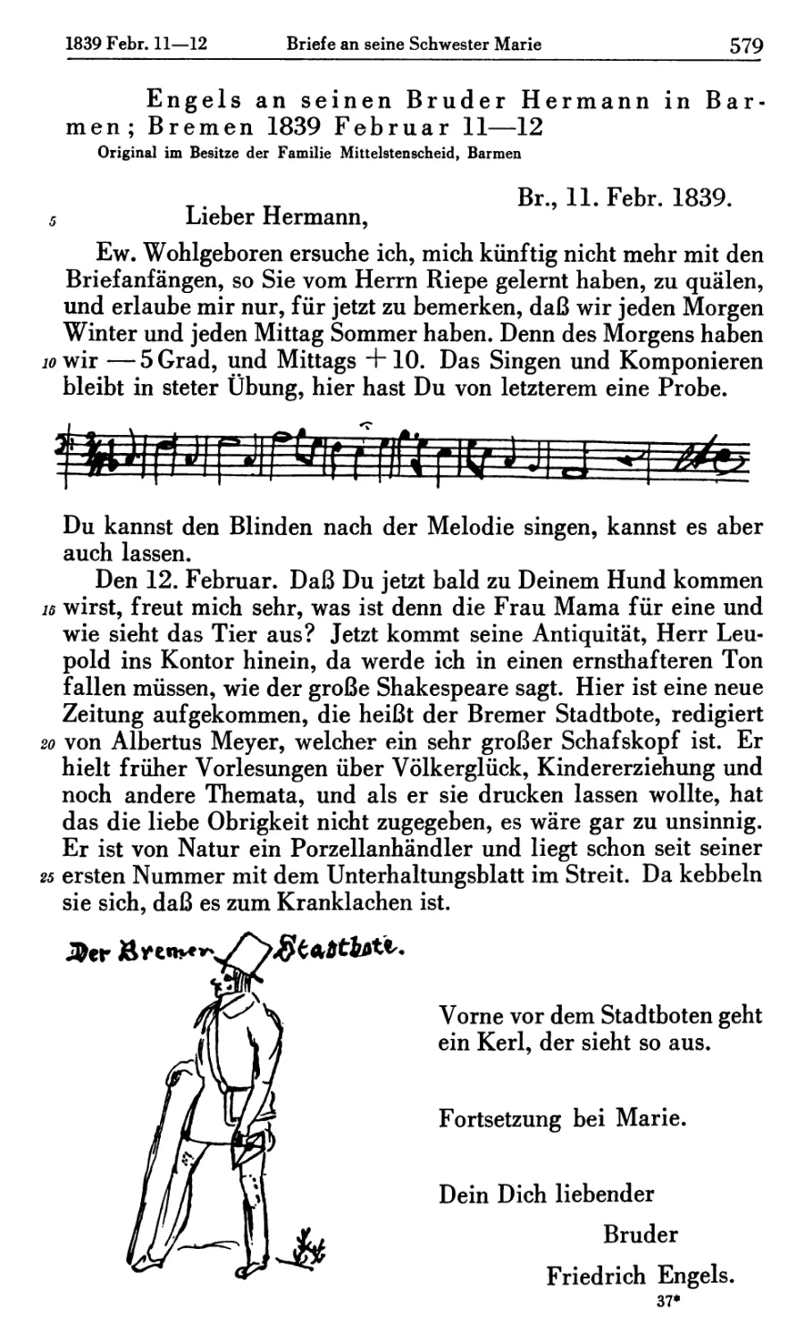 Engels an seinen Bruder Hermann in Barmen; Bremen 1839 Februar 11—12