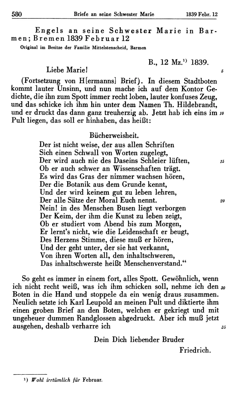 Engels an seine Schwester Marie in Barmen; Bremen 1839 Februar 12