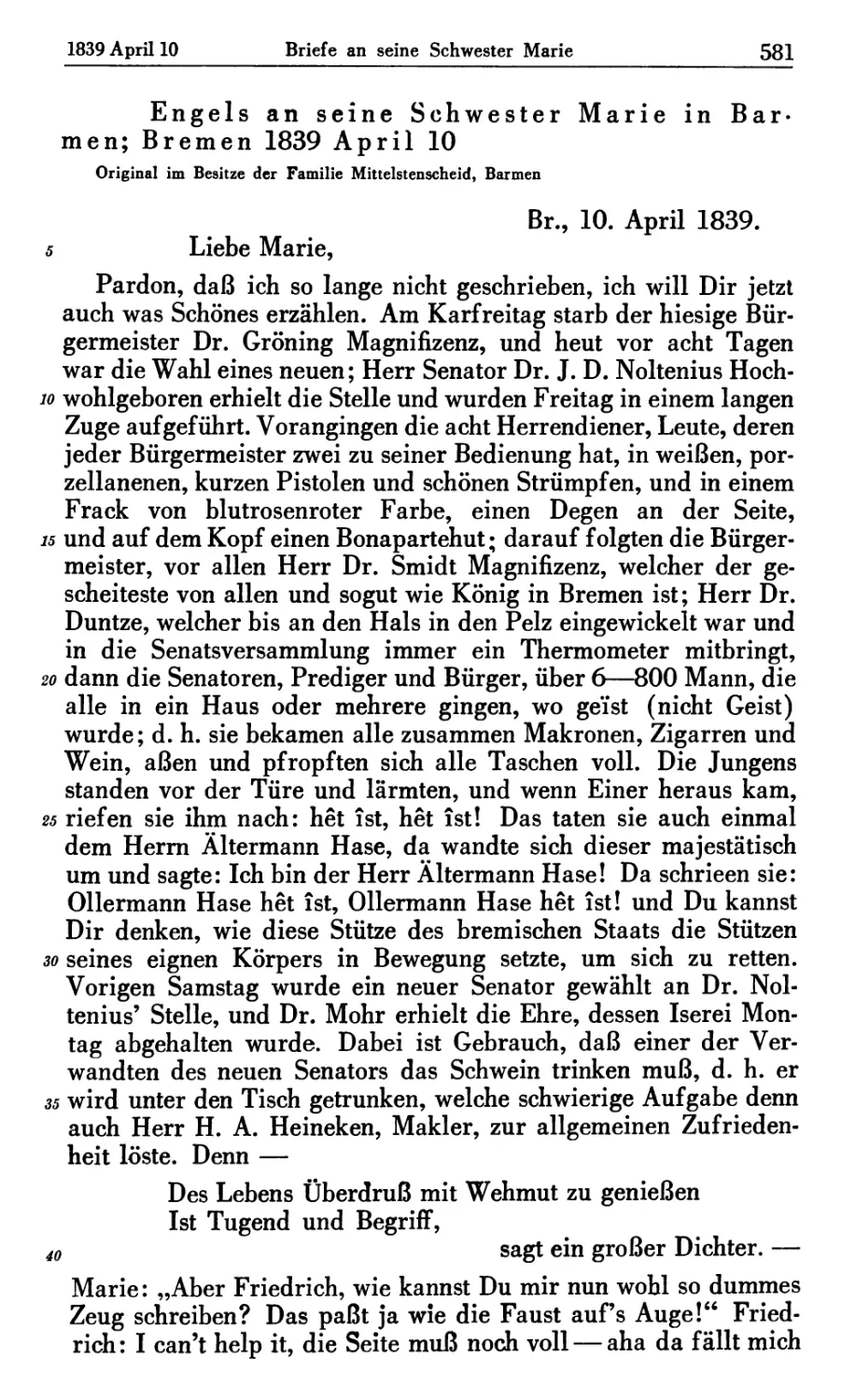 Engels an seine Schwester Marie in Barmen; Bremen 1839 April 10