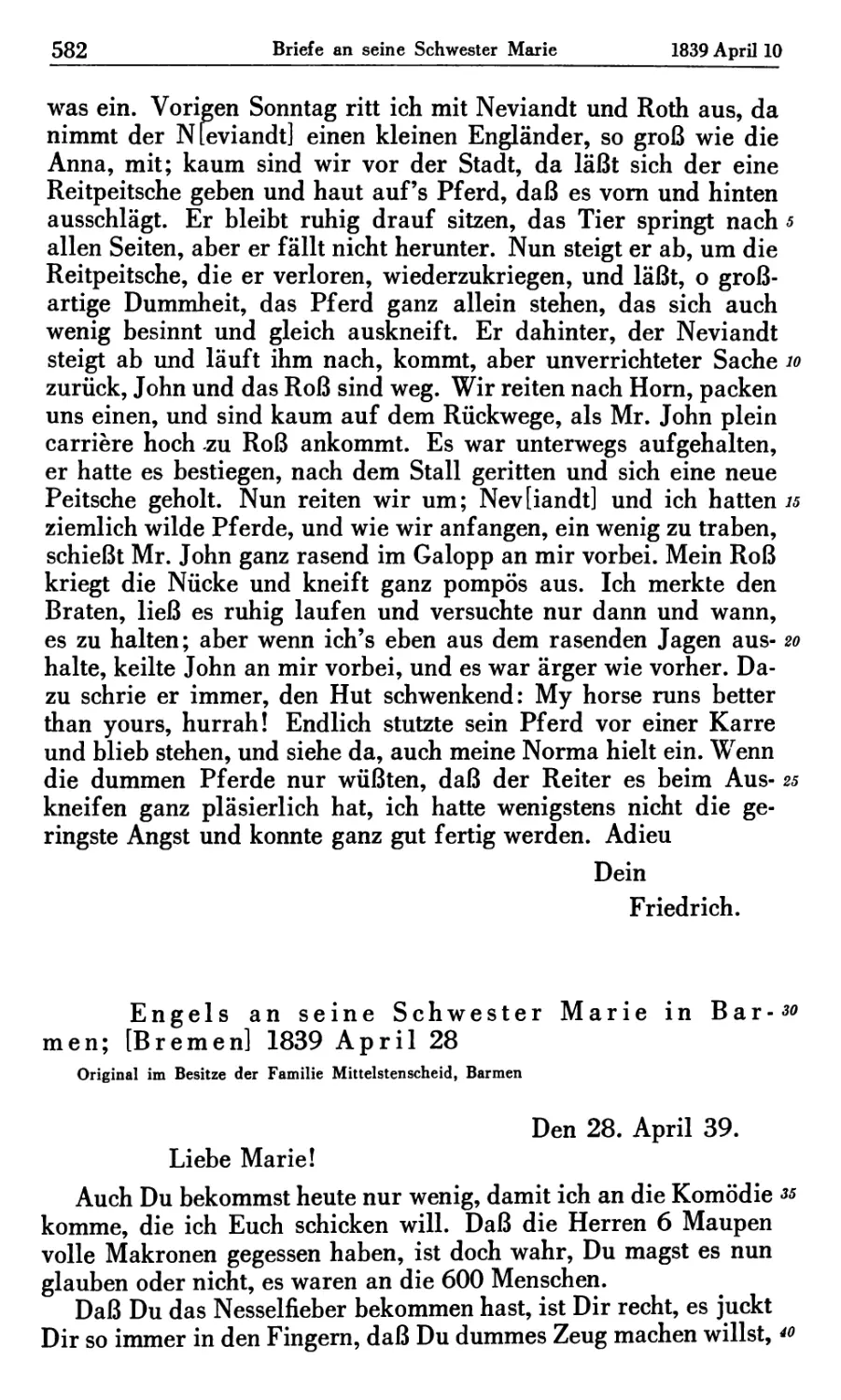 Engels an seine Schwester Marie in Barmen ; [Bremen] 1839 April 28