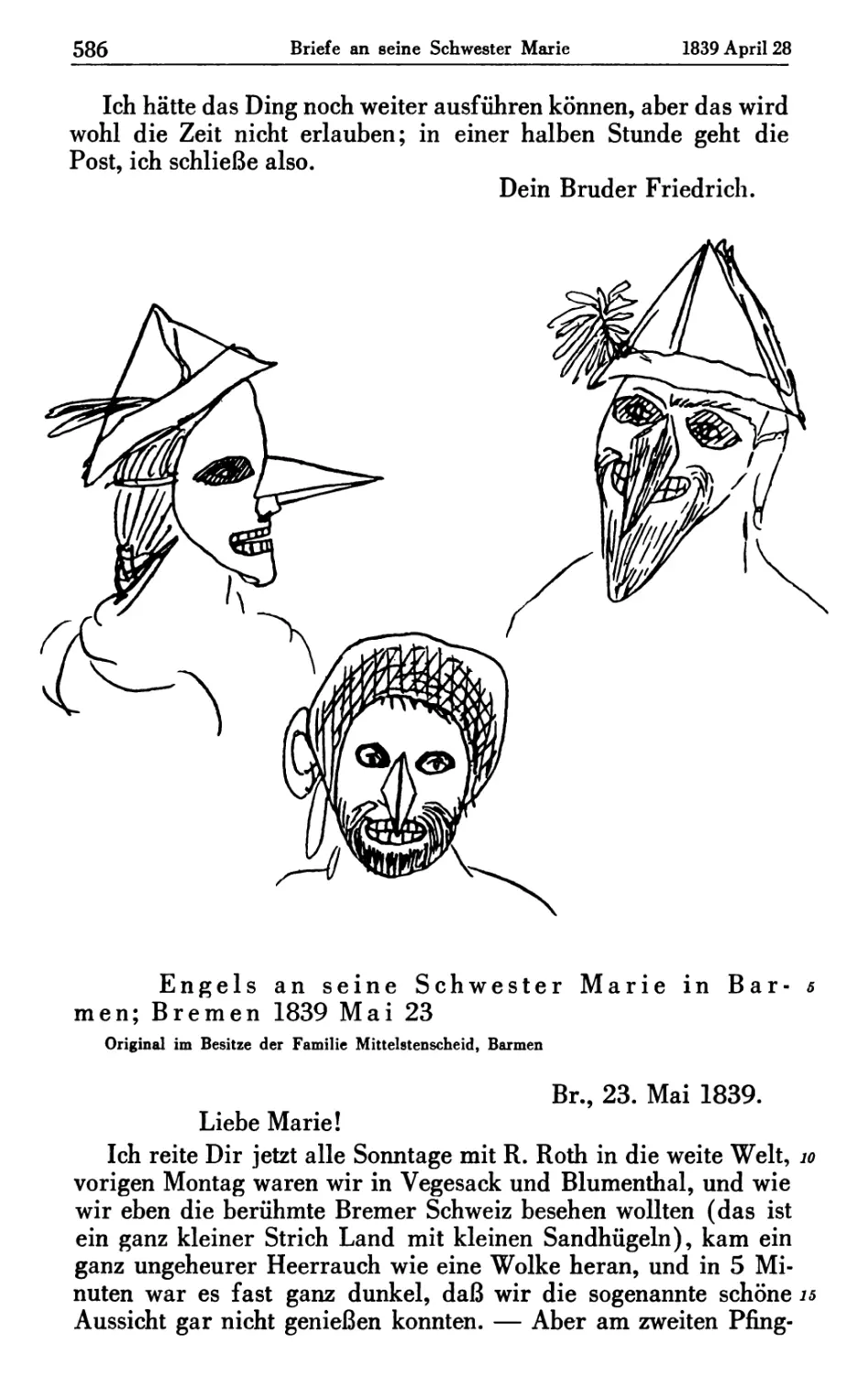 Engels an seine Schwester Marie in Barmen; Bremen 1839 Mai 23