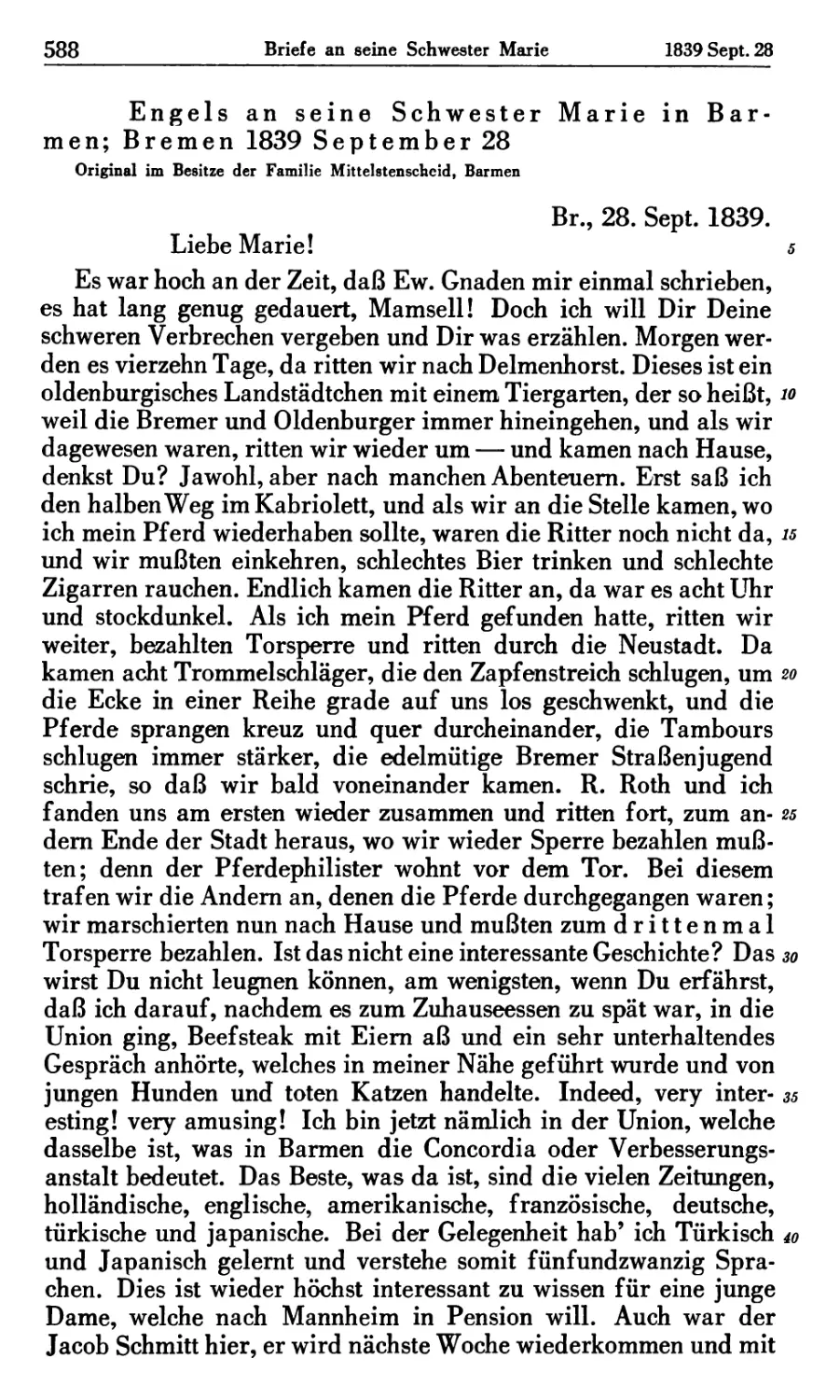 Engels an seine Schwester Marie in Barmen; Bremen 1839 September 28