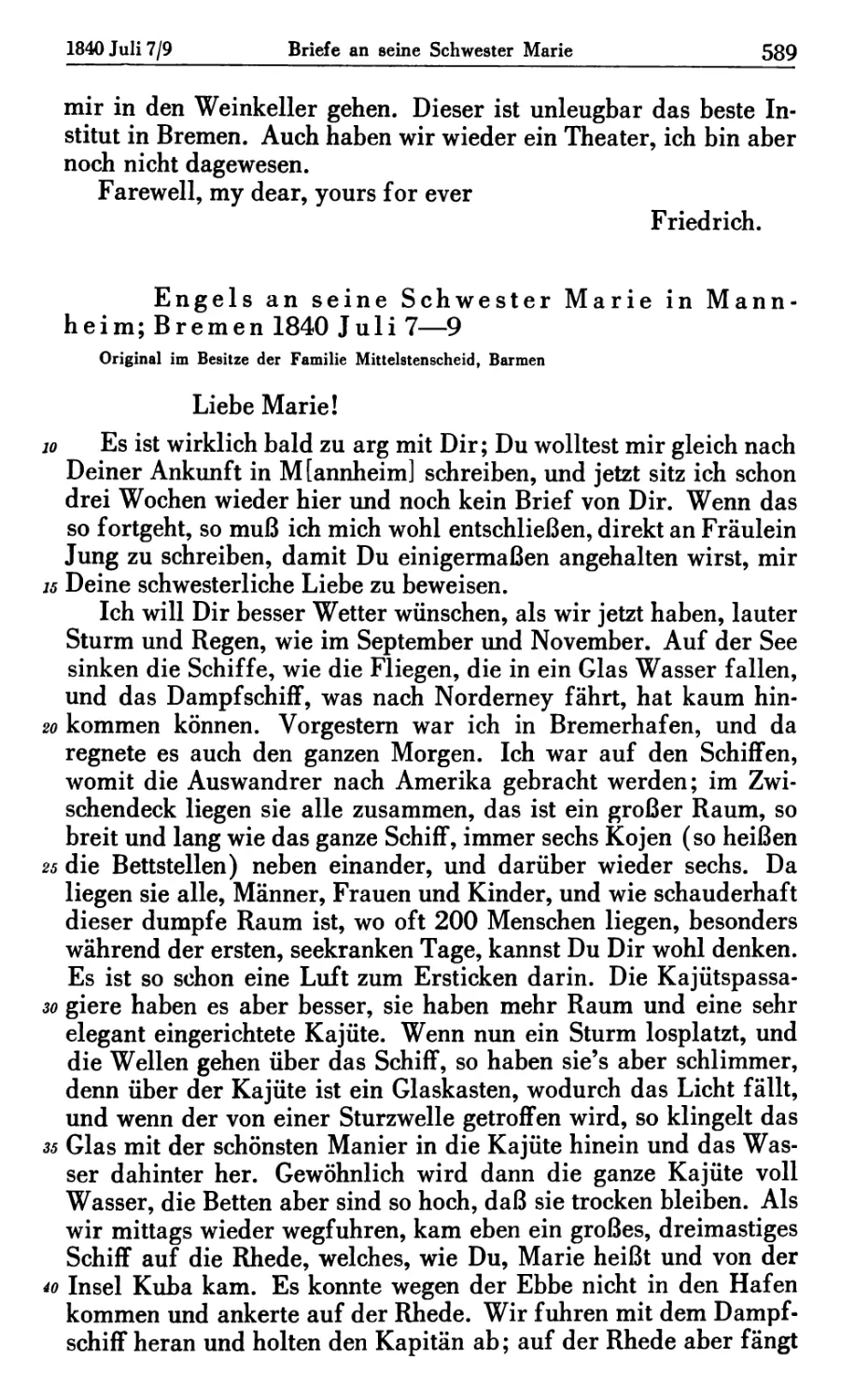 Engels an seine Schwester Marie in Mannheim; Bremen 1840 Juli 7—9