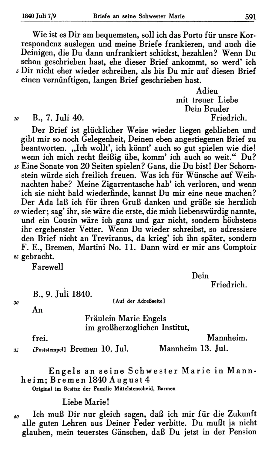 Engels an seine Schwester Marie in Mannheim; Bremen 1840 August 4