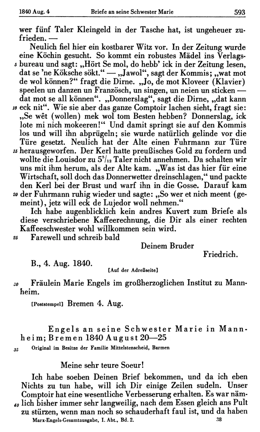 Engels an seine Schwester Marie in Mannheim; Bremen 1840 August 20—25