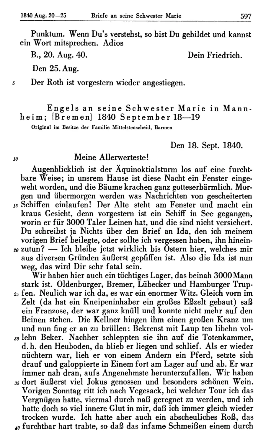Engels an seine Schwester Marie in Mannheim; [Bremen] 1840 September 18—19