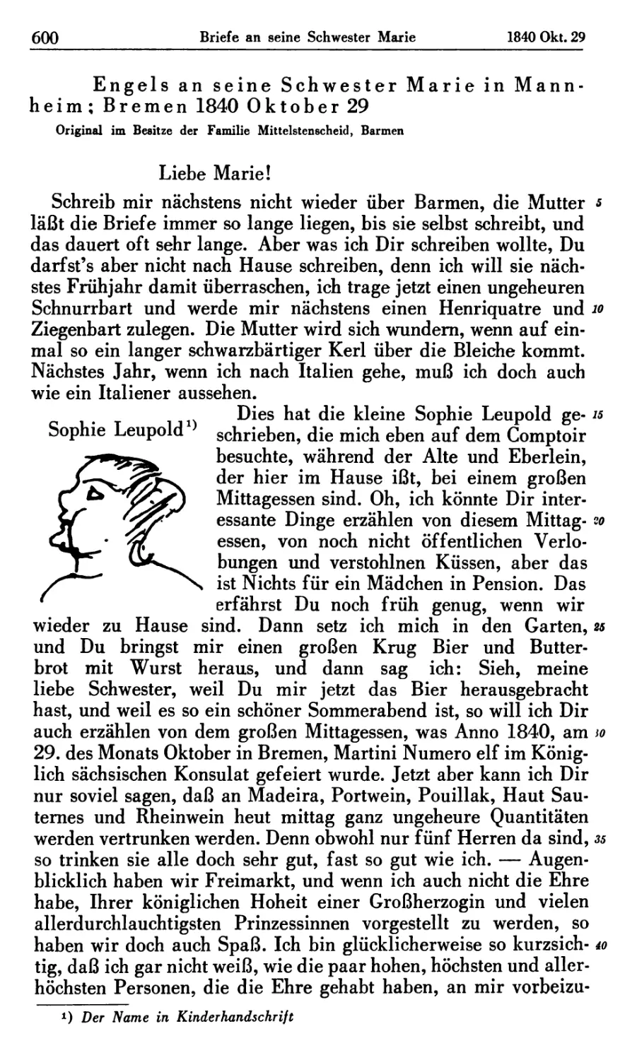Engels an seine Schwester Marie in Mannheim; Bremen 1840 Oktober 29