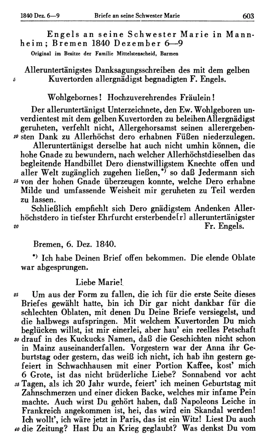 Engels an seine Schwester Marie in Mannheim; Bremen 1840 Dezember 6—9