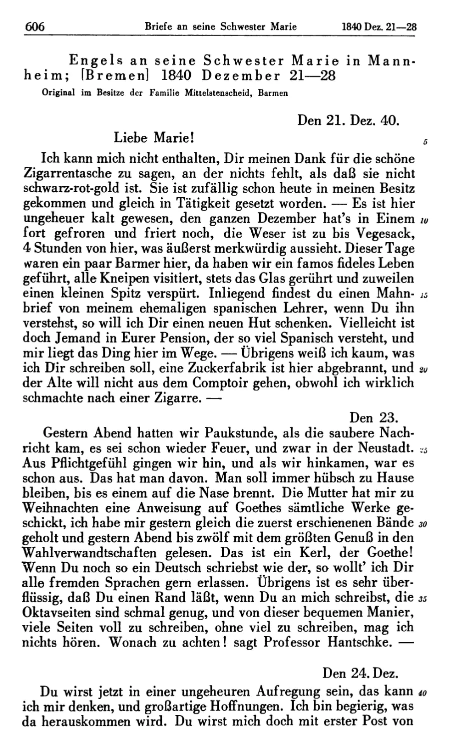 Engels an seine Schwester Marie in Mannheim; [Bremen] 1840 Dezember 21—28