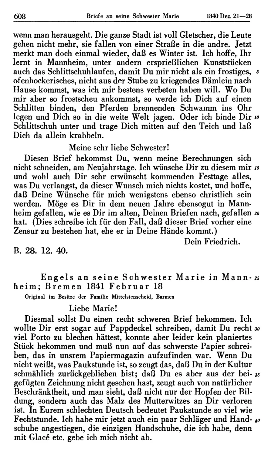 Engels an seine Schwester Marie in Mannheim; Bremen 1841 Februar 18