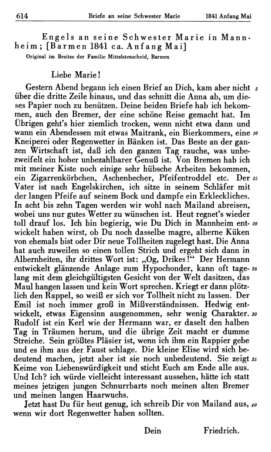 Engels an seine Schwester Marie in Mannheim ; [Barmen 1841 ca. Anfang Mai]