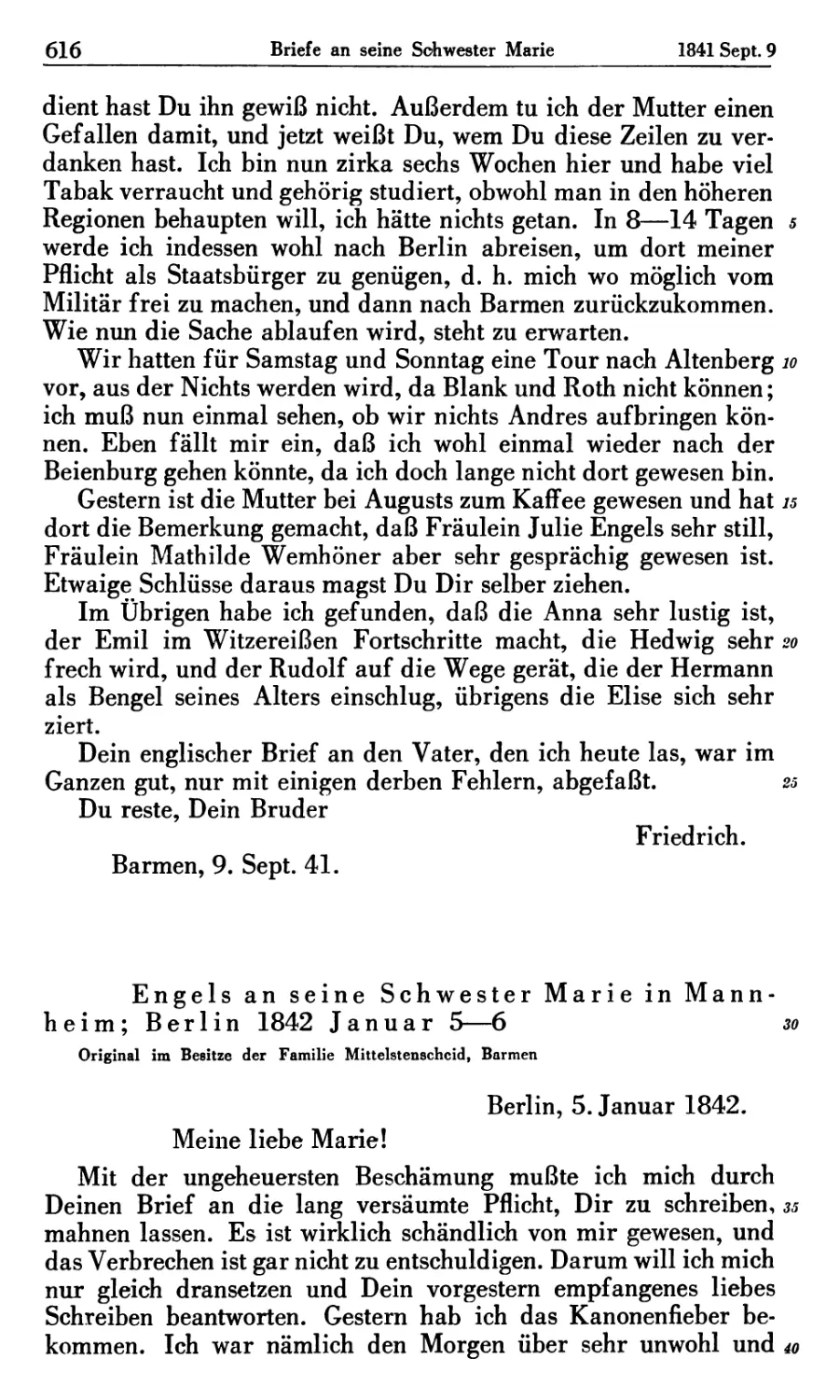 Engels an seine Schwester Marie in Mannheim; Berlin 1842 Januar 5—6