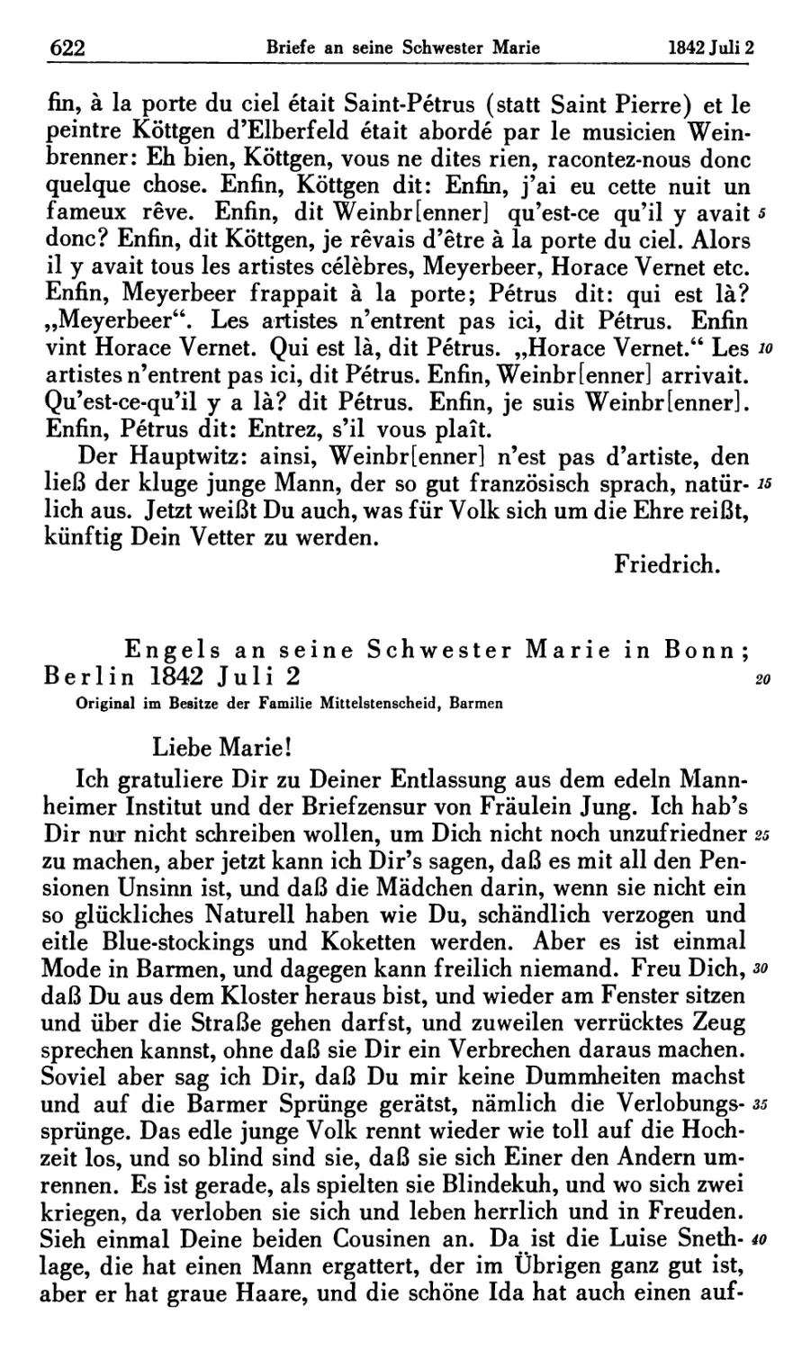 Engels an seine Schwester Marie in Bonn; Berlin 1842 Juli 2