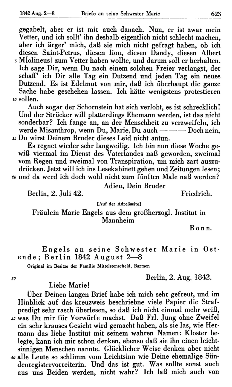 Engels an seine Schwester Marie in Ostende; Berlin 1842 August 2-8