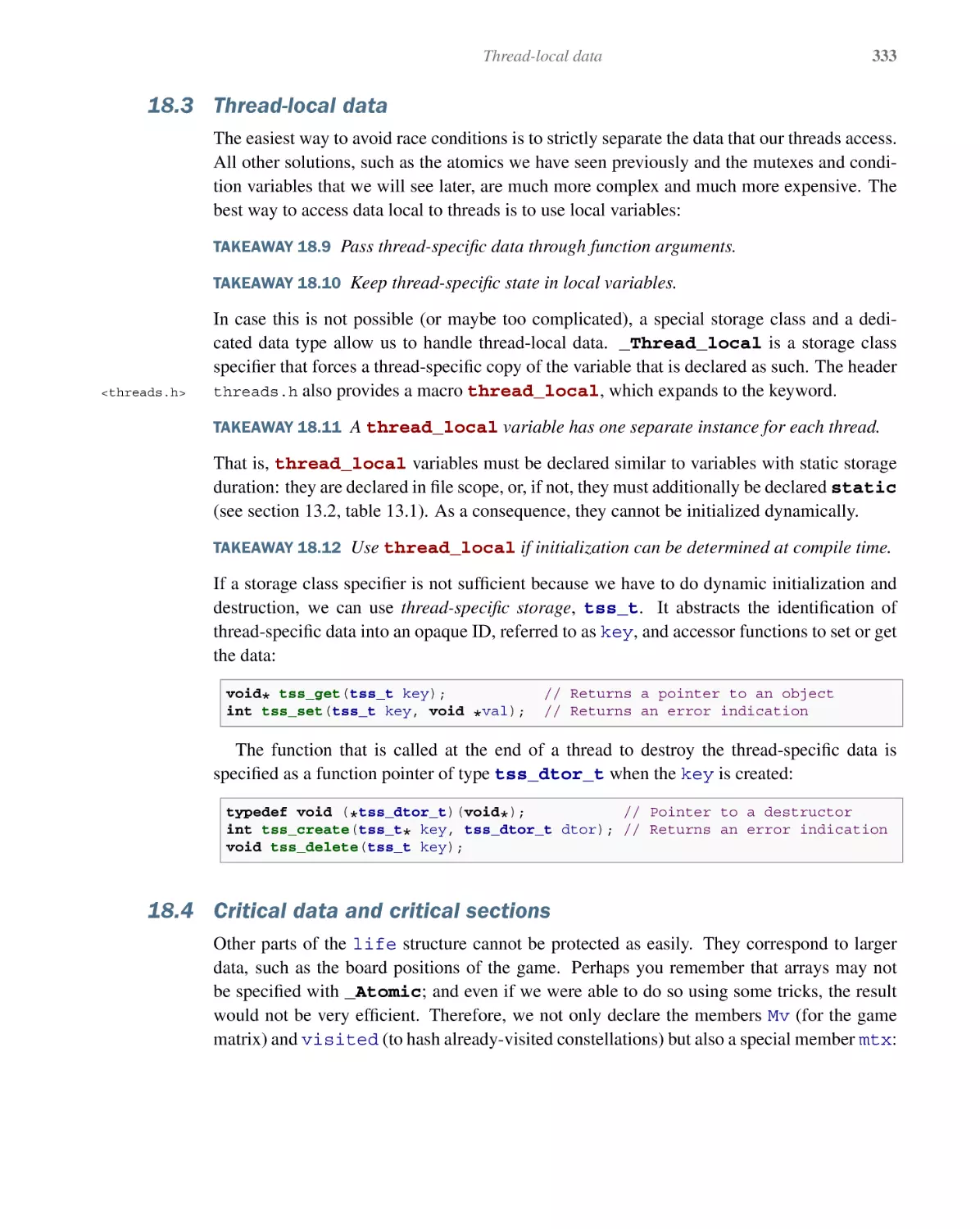 18.3 Thread-local data
18.4 Critical data and critical sections