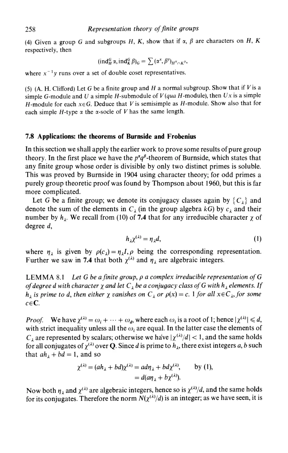 7.8 Applications: the theorems of Burnside and Frobenius