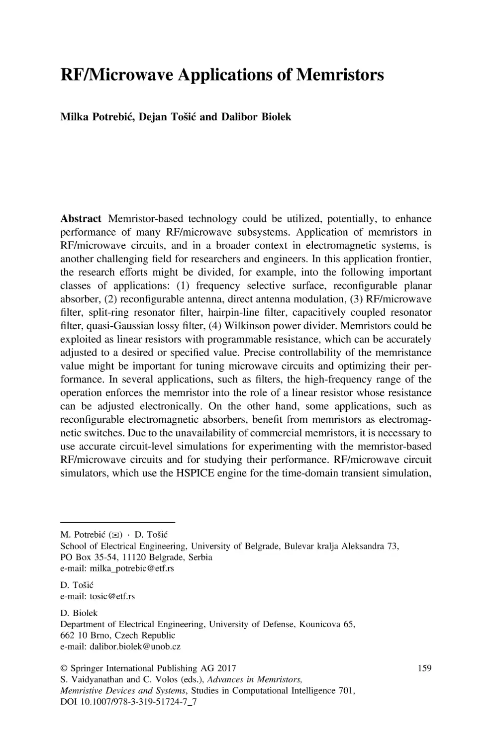 7 RF/Microwave Applications of Memristors
Abstract