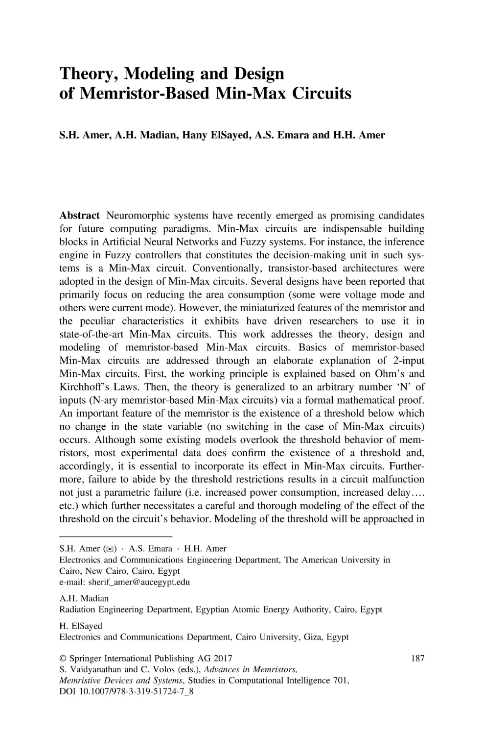 8 Theory, Modeling and Design of Memristor-Based Min-Max Circuits
Abstract