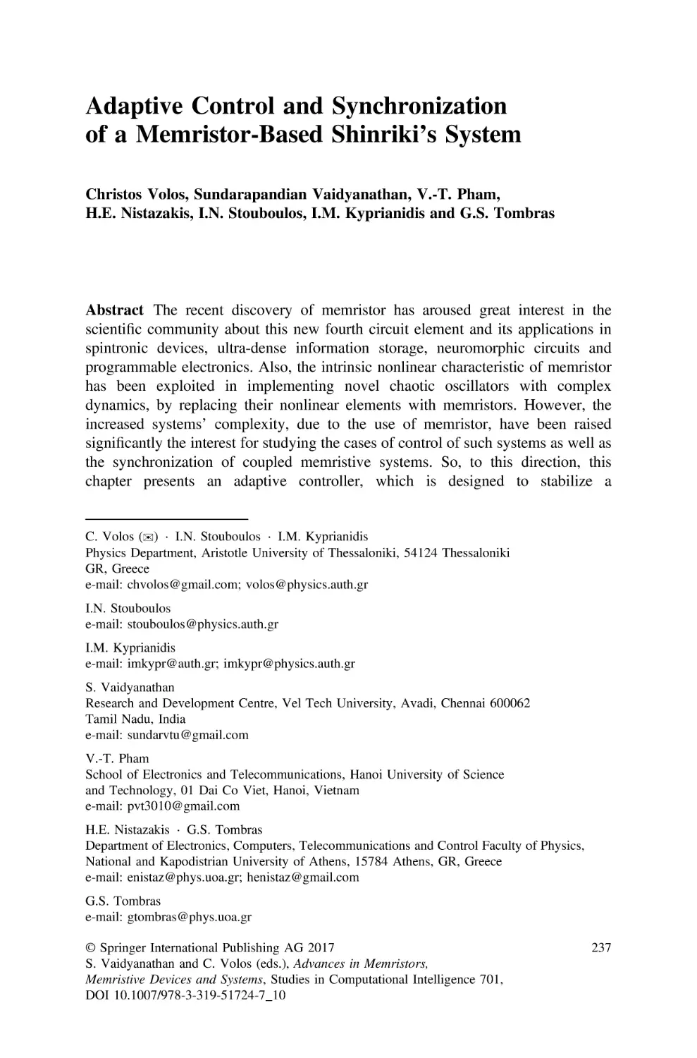 10 Adaptive Control and Synchronization of a Memristor-Based Shinriki’s System
Abstract