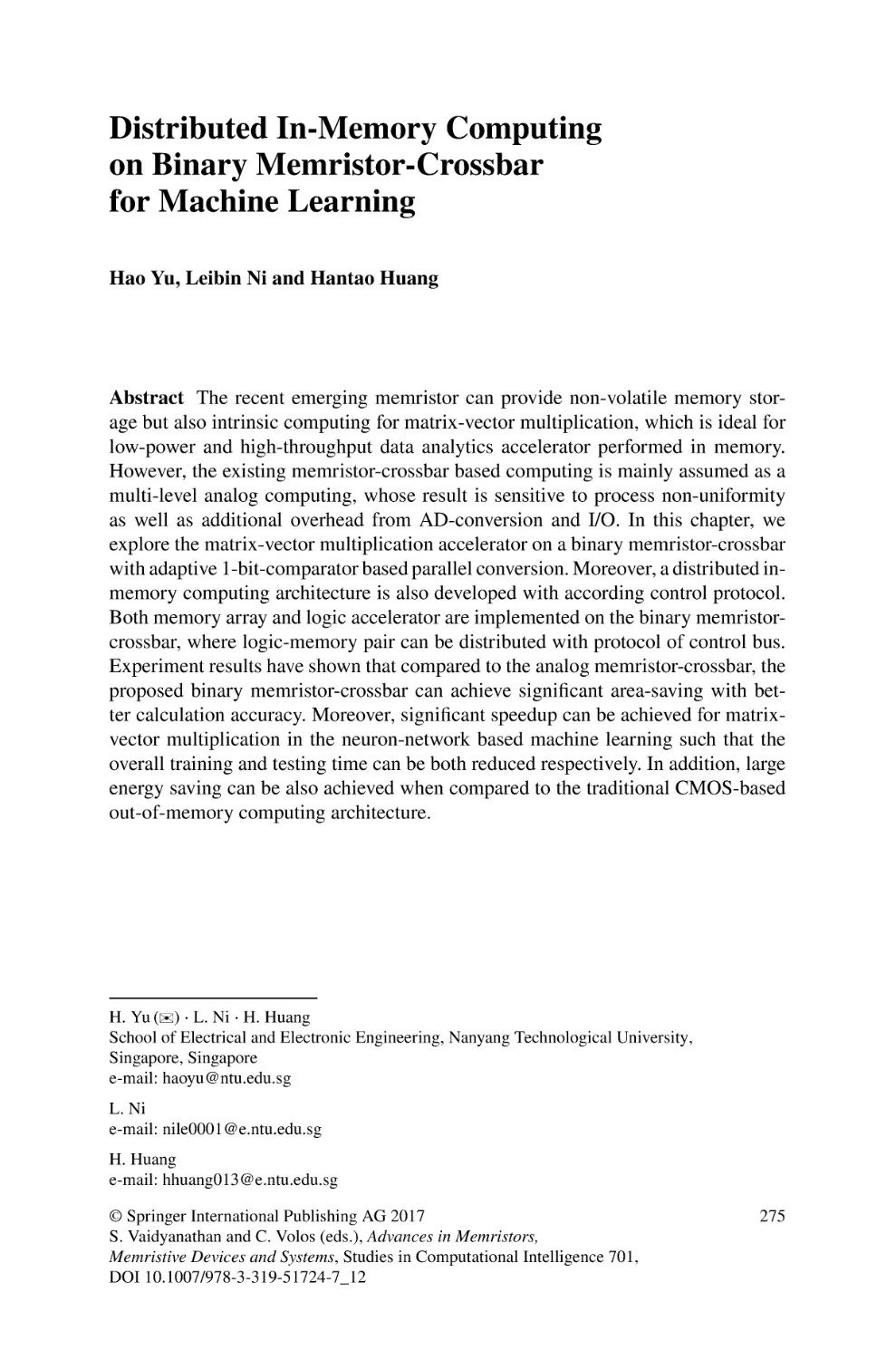 Distributed In-Memory Computing  on Binary Memristor-Crossbar  for Machine Learning