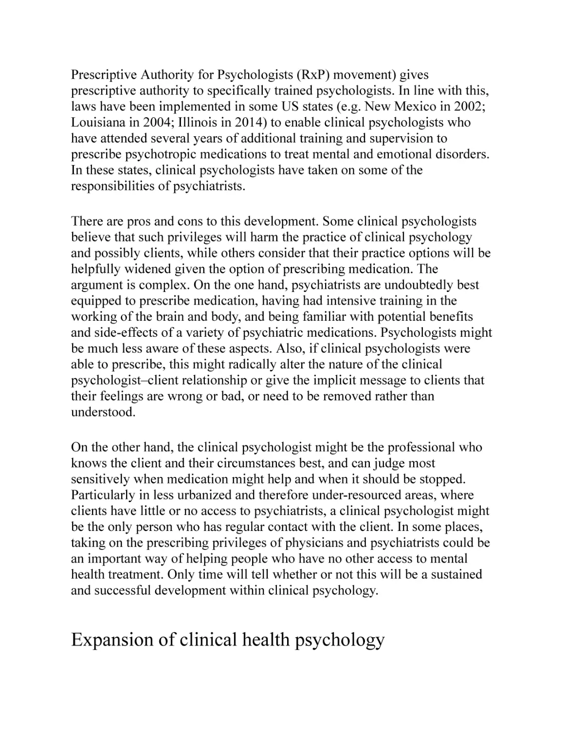 Expansion of clinical health psychology