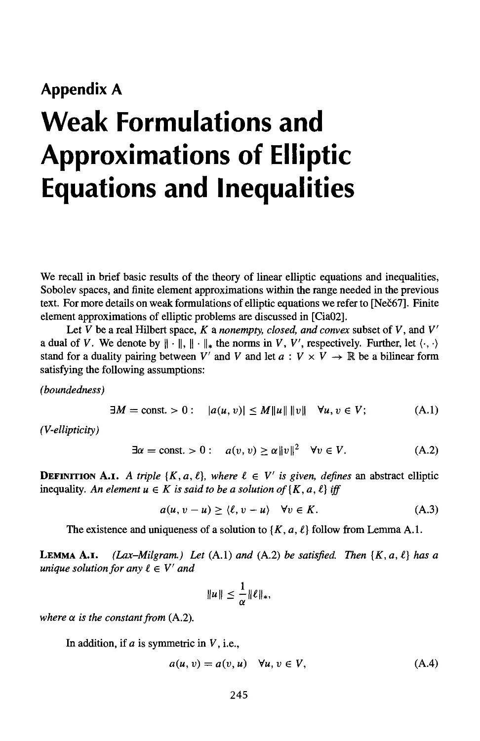 Appendix A Weak Formulations and Approximations of Elliptic Equations and Inequalities