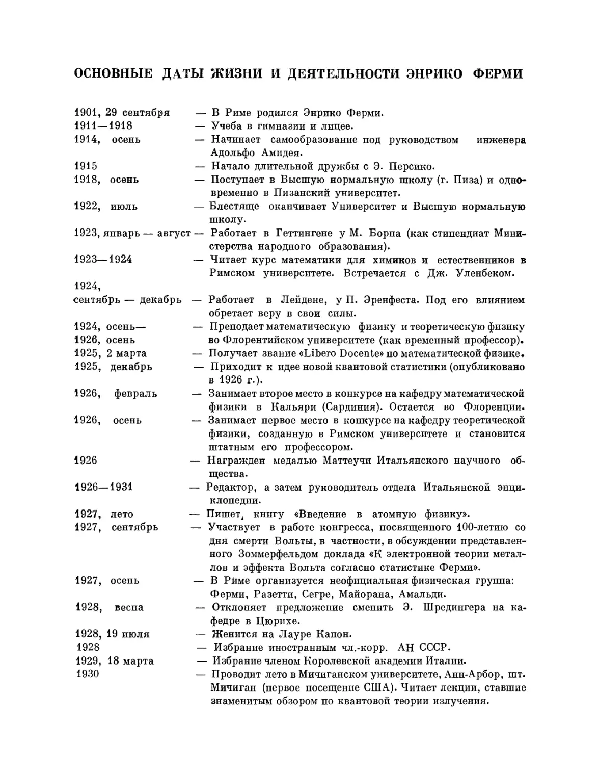 Основные даты жизни и деятельности Энрико Ферми