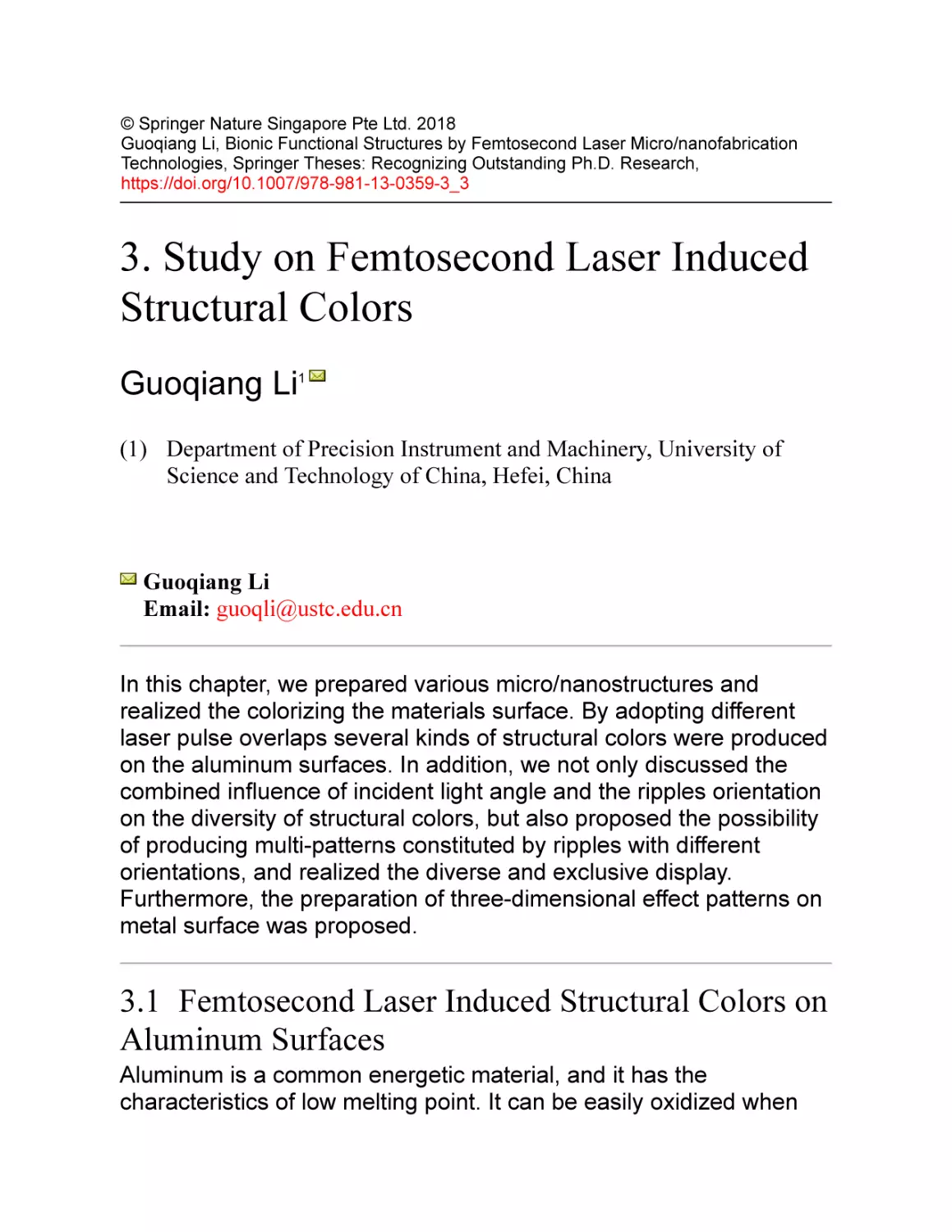 3. Study on Femtosecond Laser Induced Structural Colors