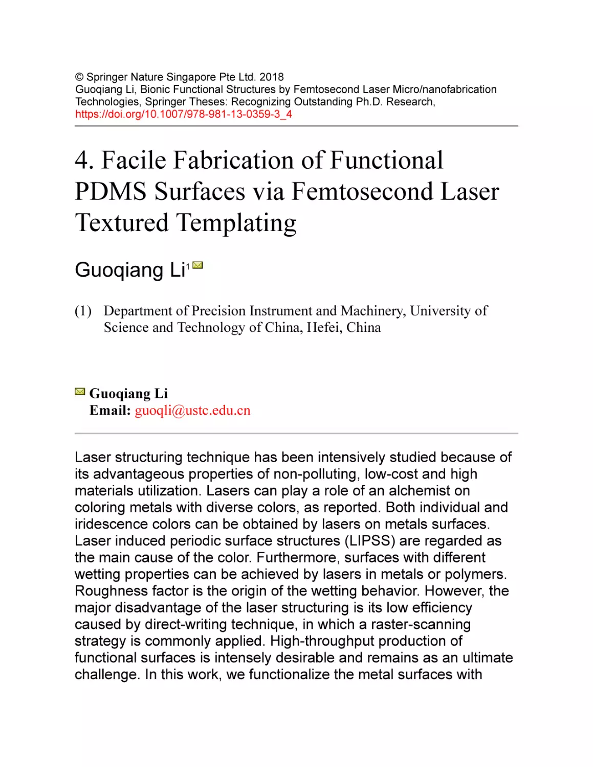 4. Facile Fabrication of Functional PDMS Surfaces via Femtosecond Laser Textured Templating