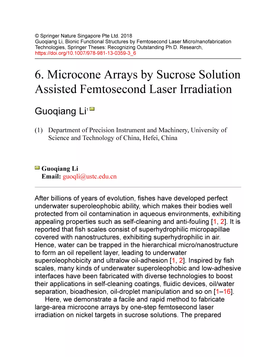 6. Microcone Arrays by Sucrose Solution Assisted Femtosecond Laser Irradiation