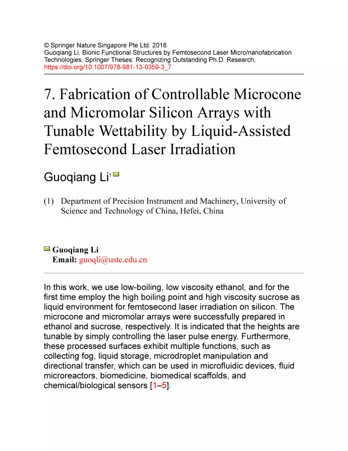 7. Fabrication of Controllable Microcone and Micromolar Silicon Arrays with Tunable Wettability by Liquid-Assisted Femtosecond Laser Irradiation