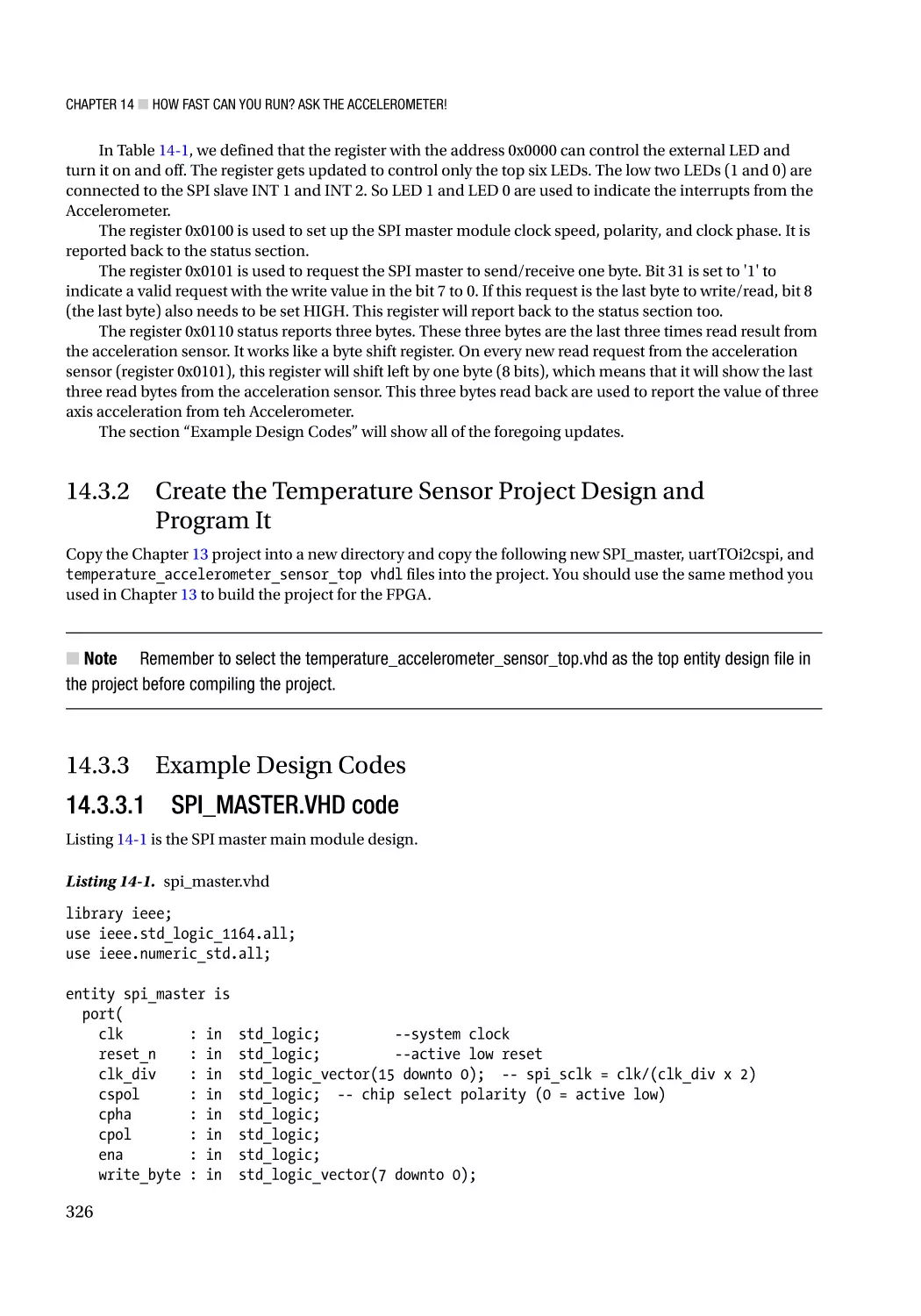 14.3.2 Create the Temperature Sensor Project Design and Program It
14.3.3 Example Design Codes
14.3.3.1 SPI_MASTER.VHD code