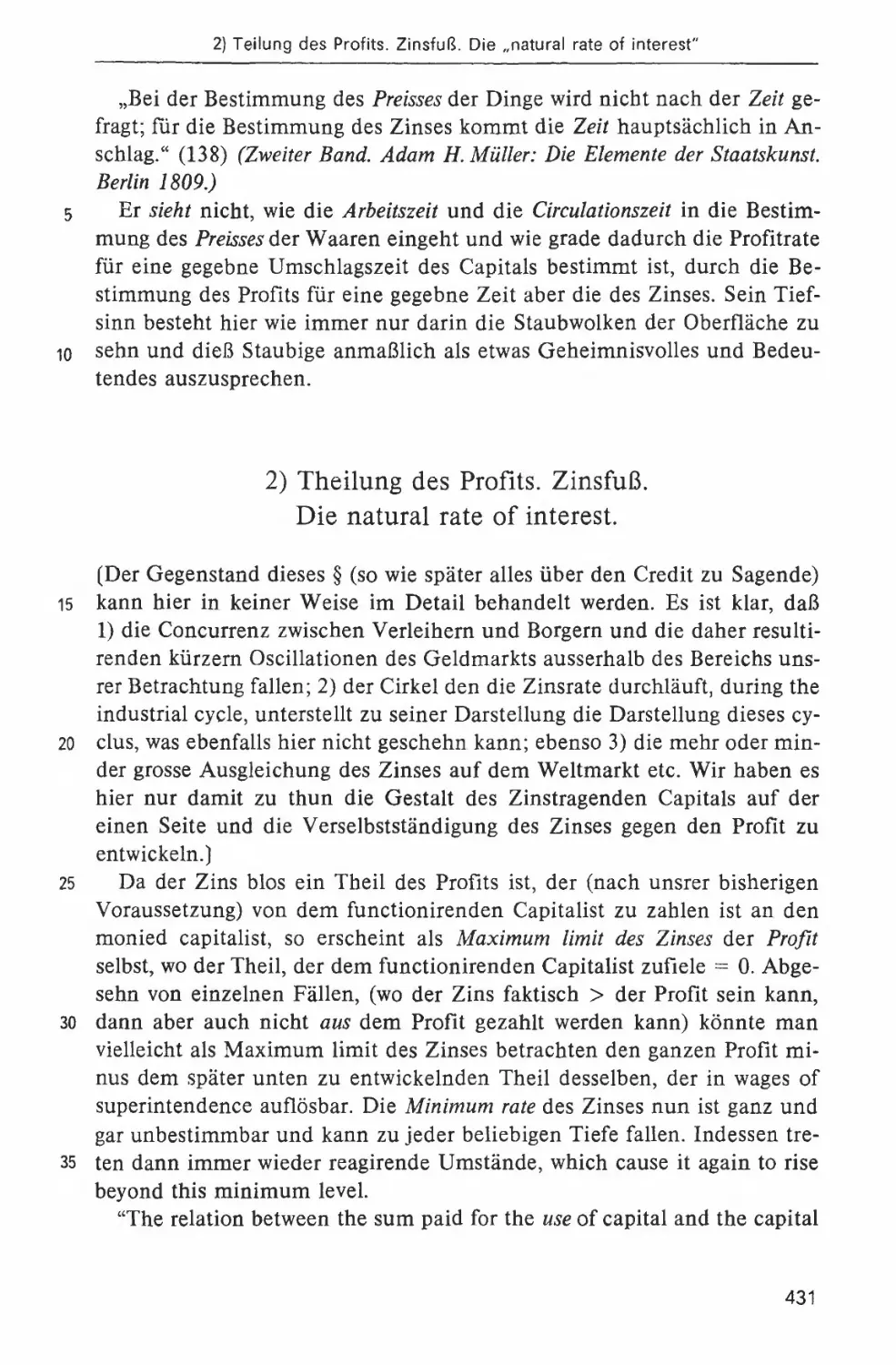 2. Teilung des Profits. Zinsfuß. Die natural rate of interest