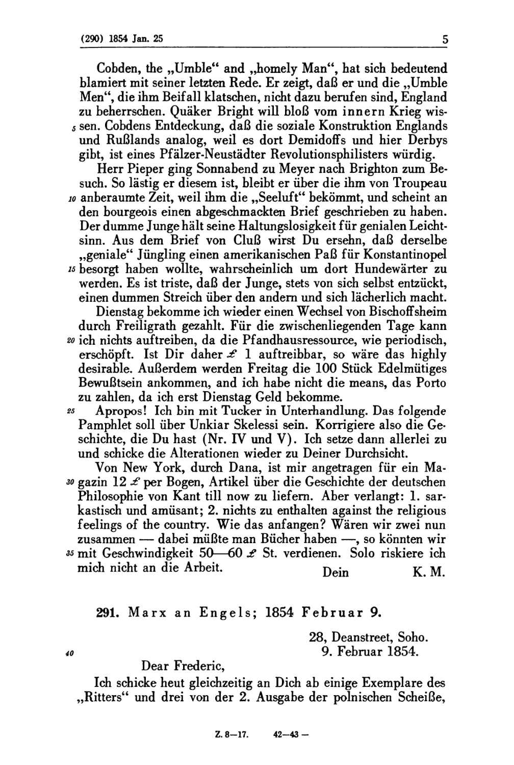 291. Marx an Engels; 1854 Februar 9