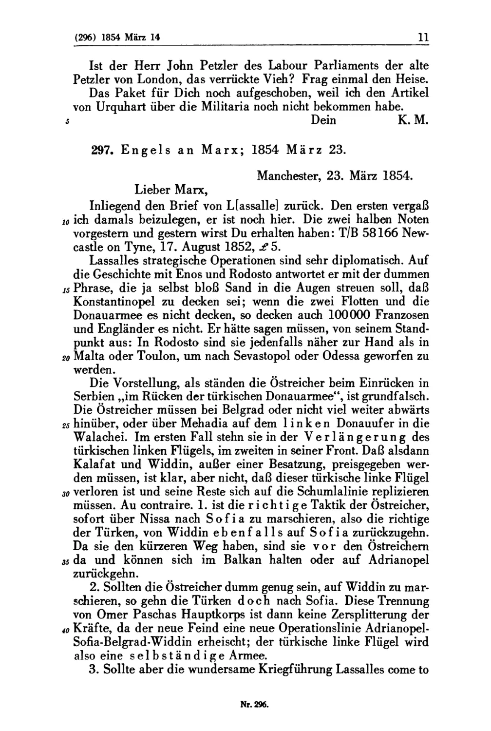 297. Engels an Marx; 1854 März 23