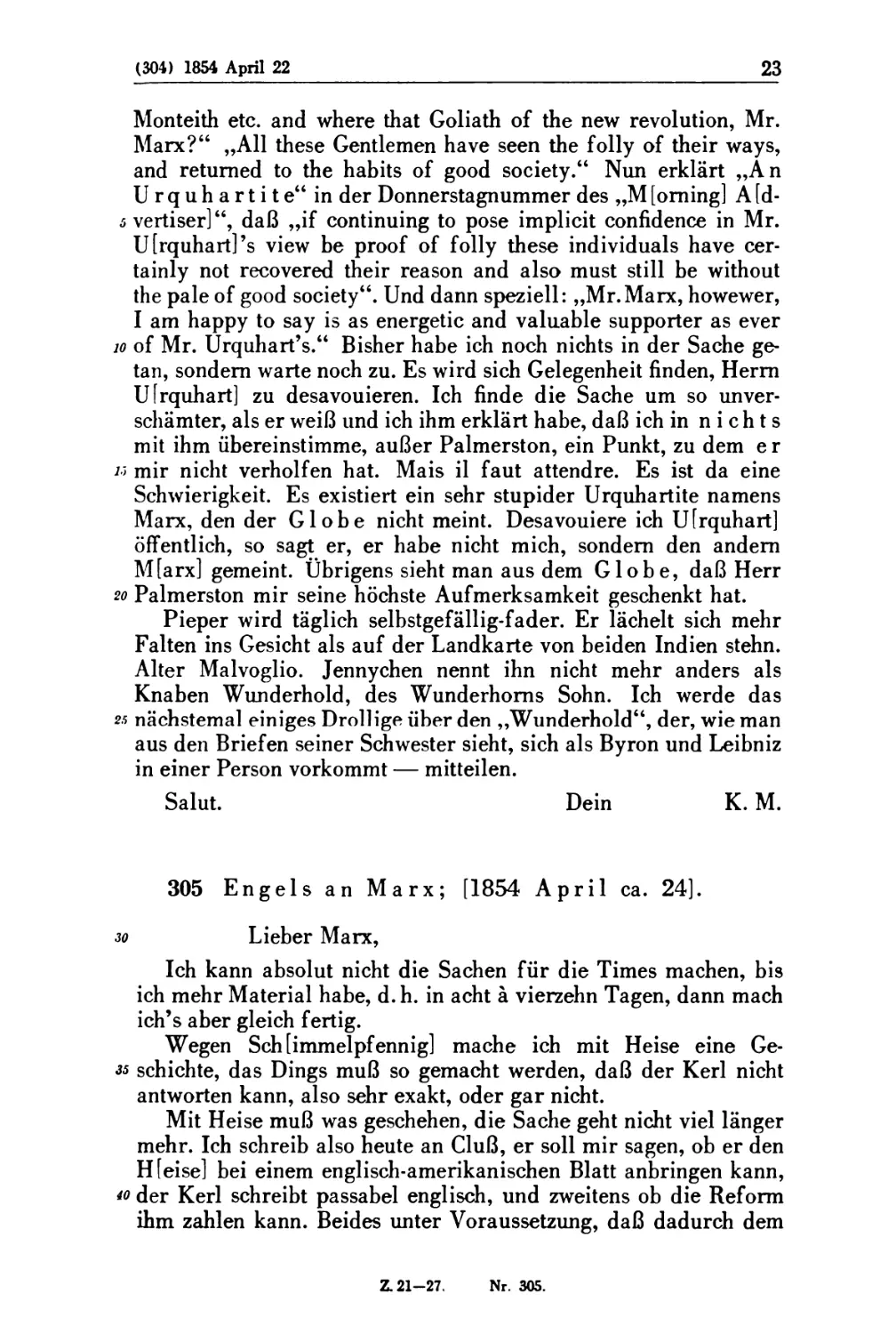 305. Engels an Marx; [1854 April ca. 24]