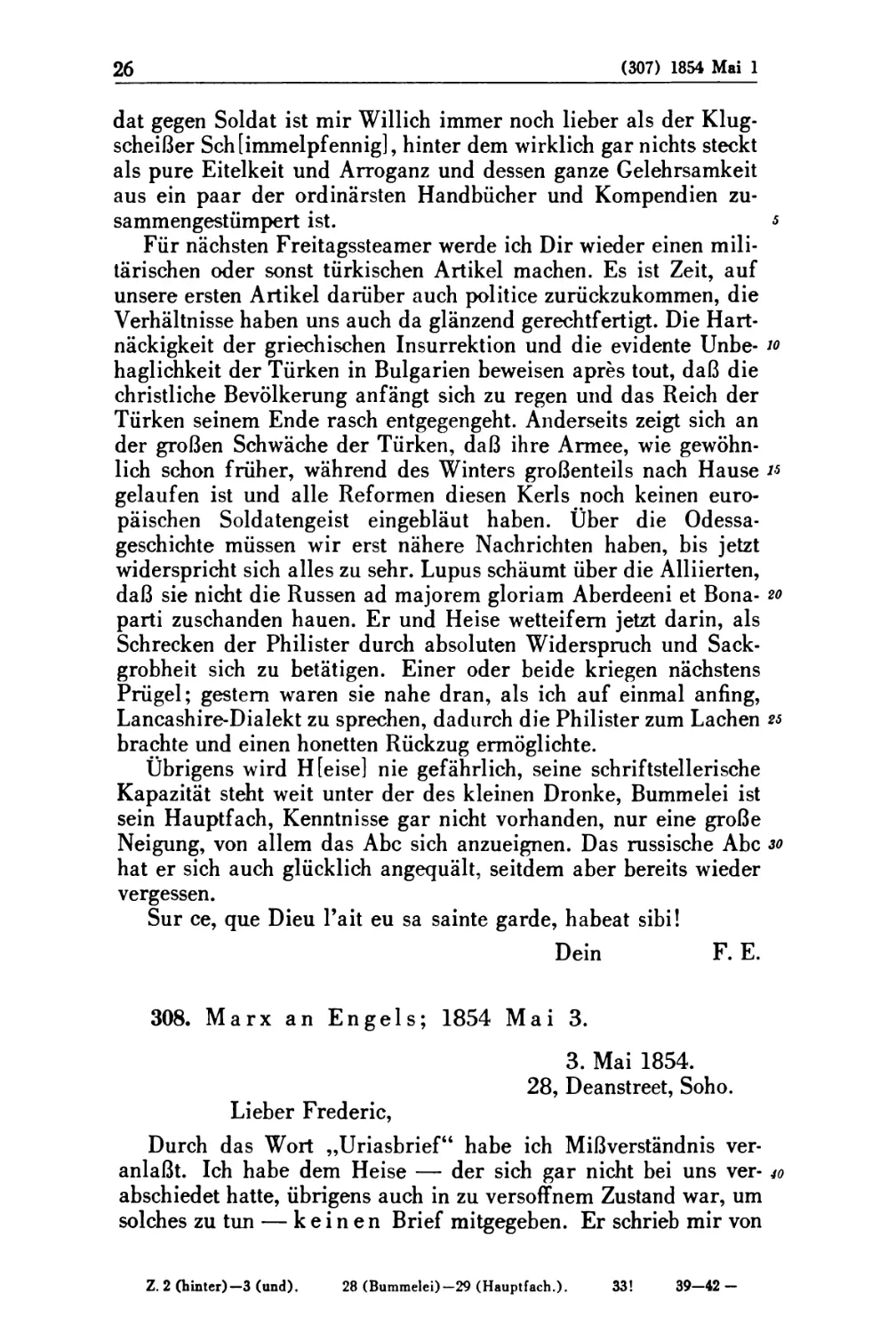 308. Marx an Engels; 1854 Mai 3