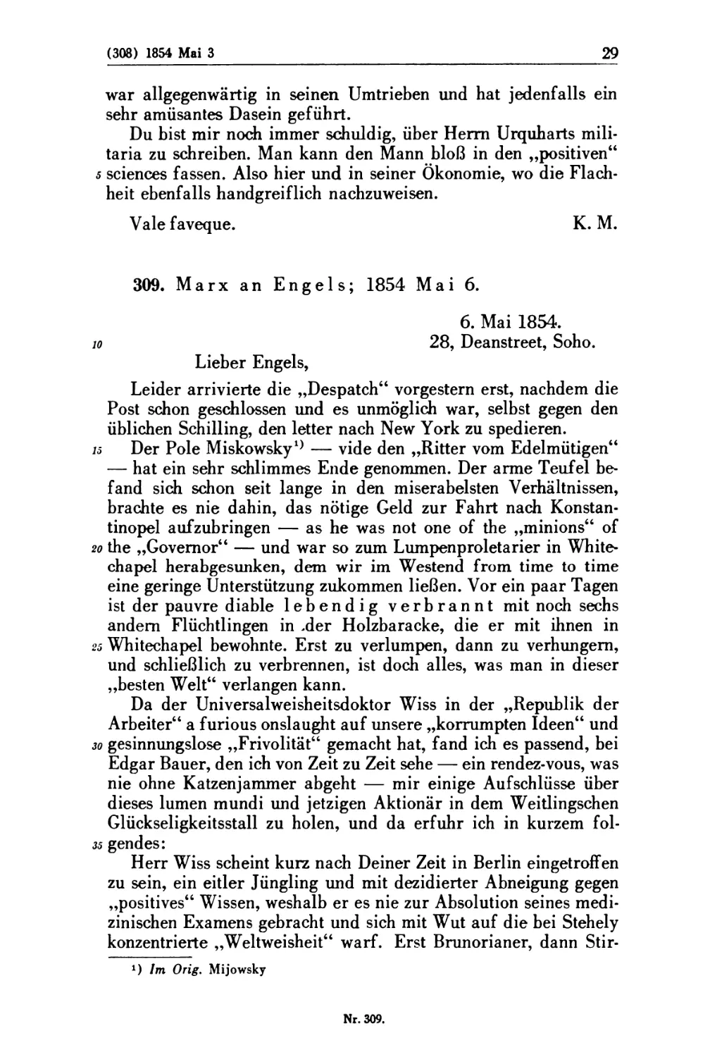 309. Marx an Engels; 1854 1854 Mai 6