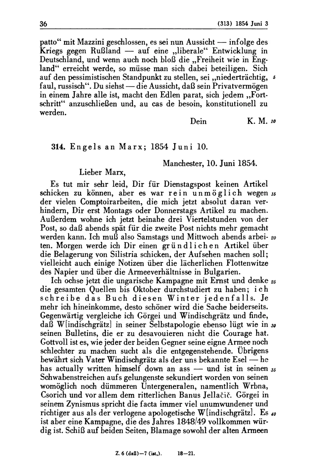 314. Engels an Marx; 1854 Juni 10