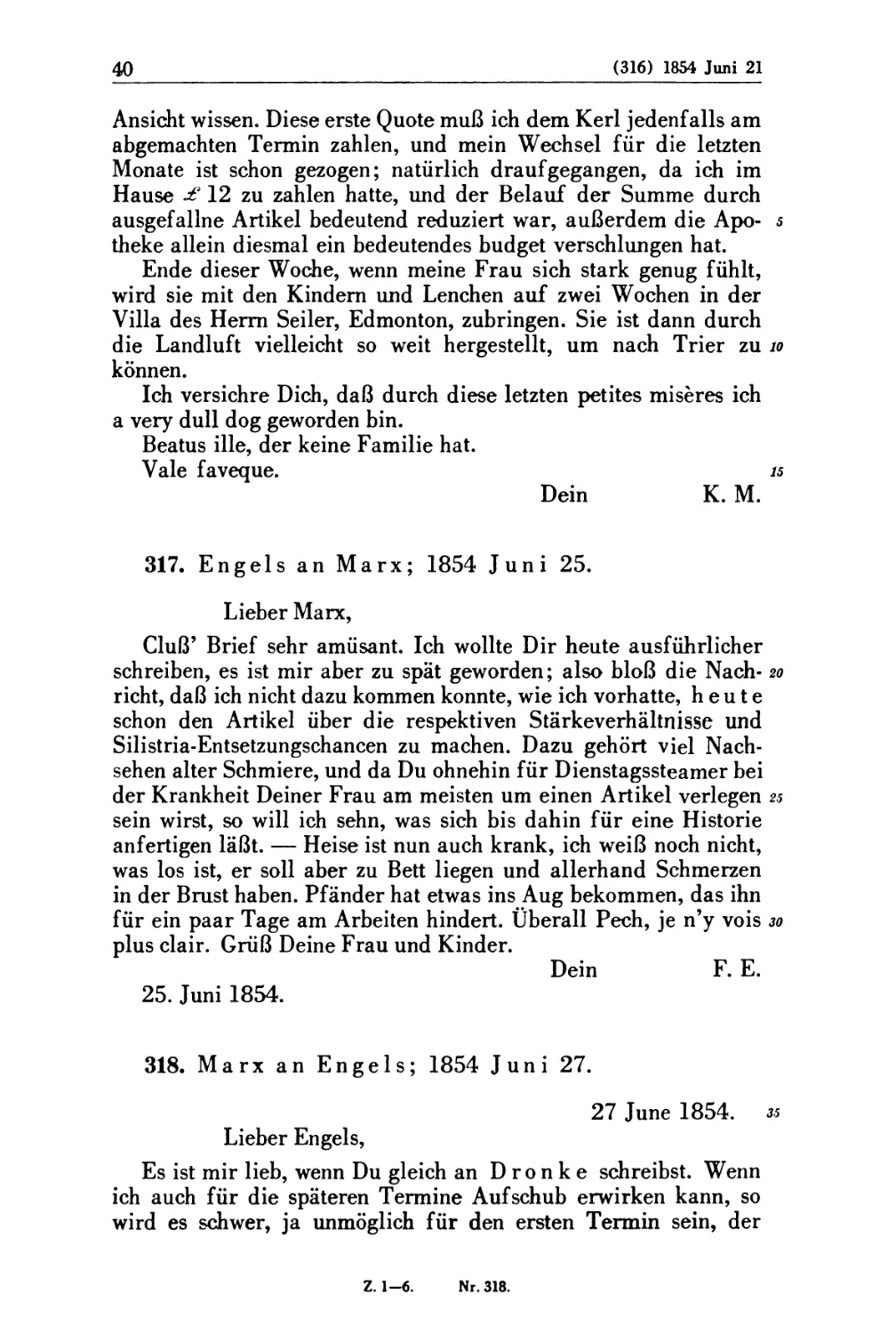 317. Engels an Marx; 1854 Juni 25
318. Marx an Engels; 1854 Juni 27