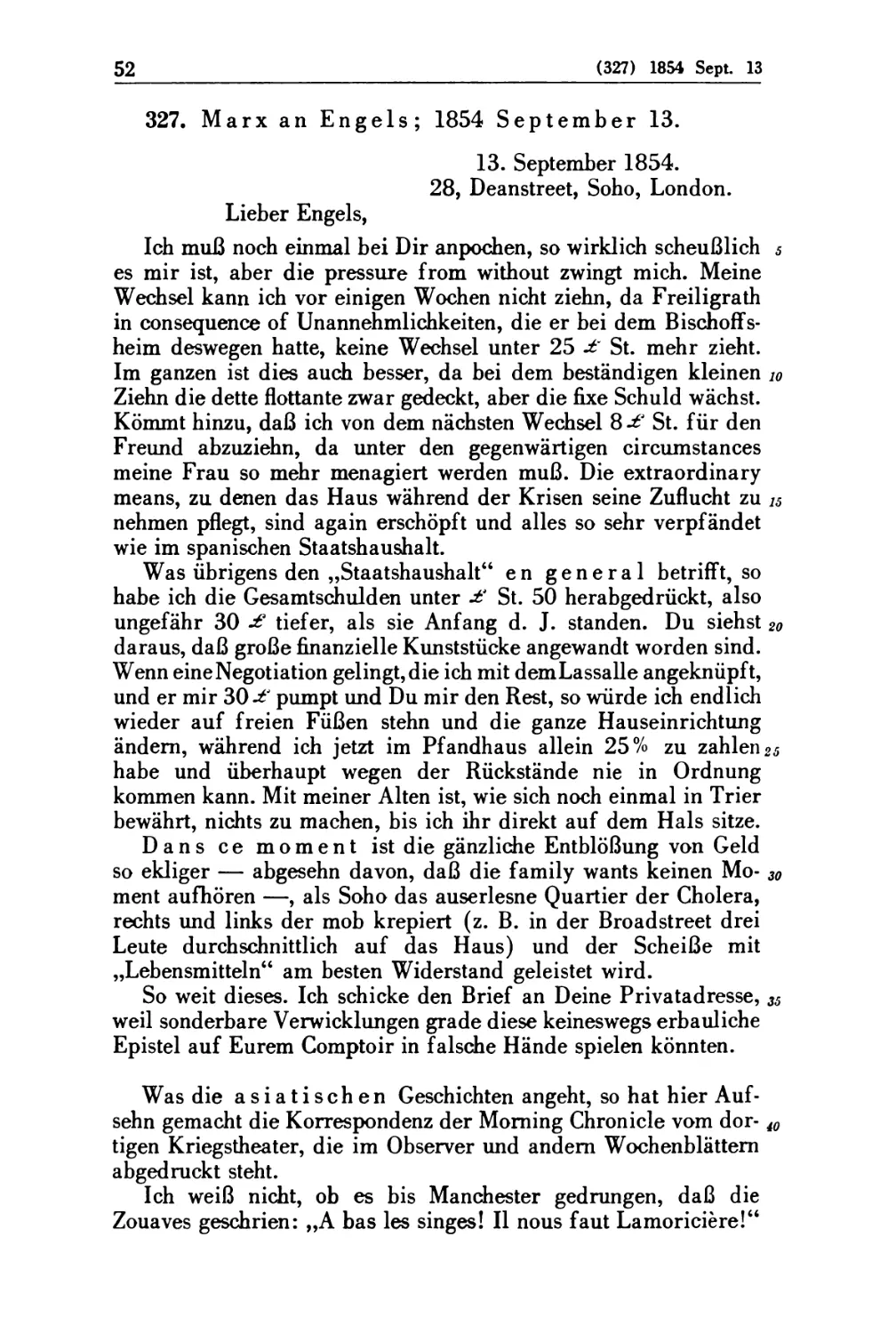 327. Marx an Engels; 1854 September 13