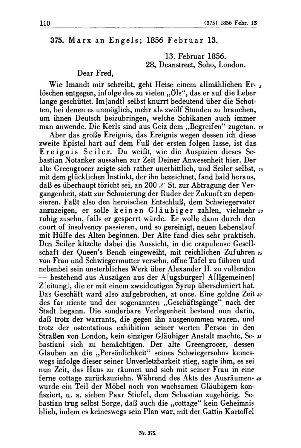 375. Marx an Engels; 1856 Februar 13