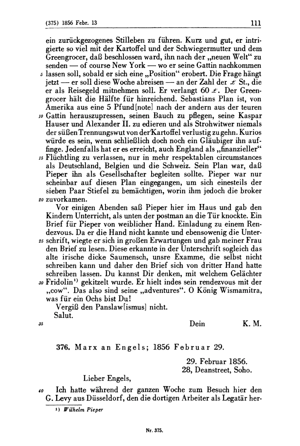 376. Marx an Engels; 1856 Februar 29