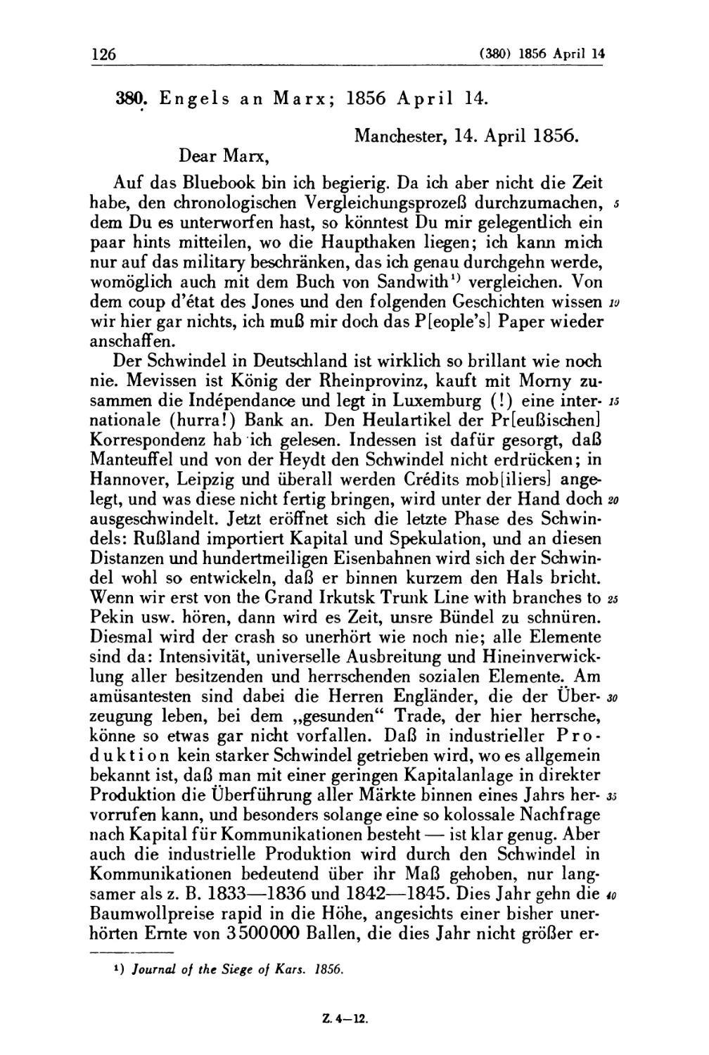 380. Engels an Marx; 1856 April 14