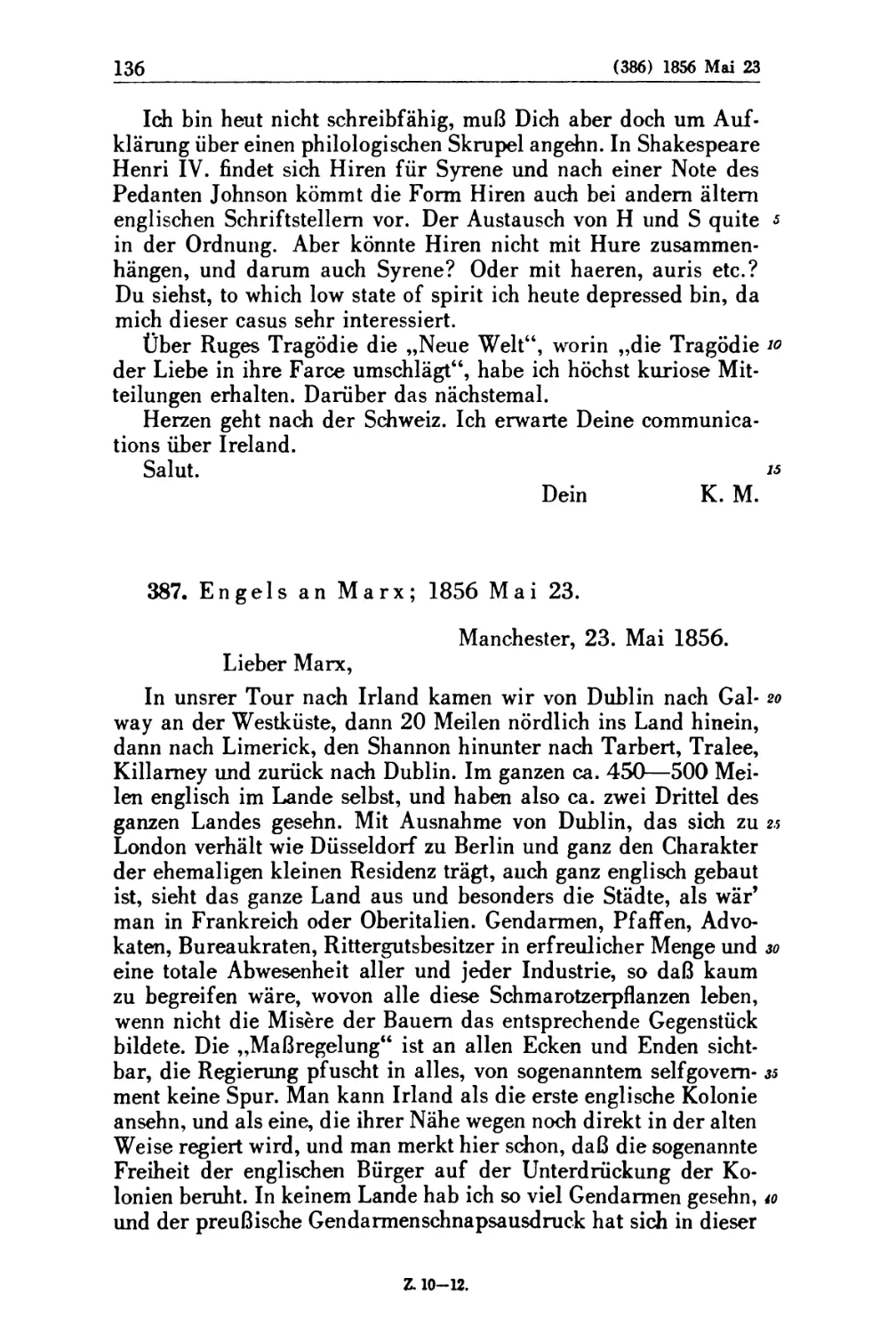 387. Engels an Marx; 1856 Mai 23